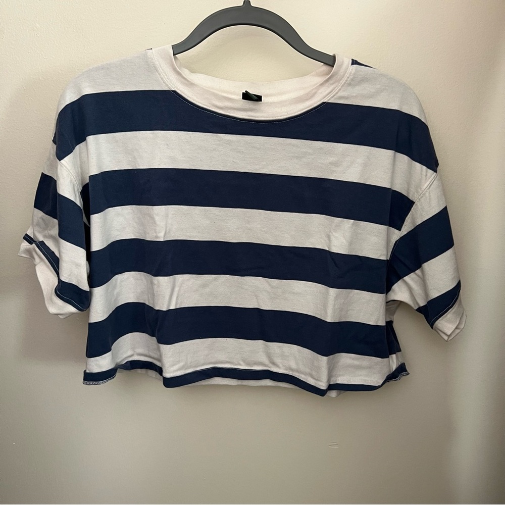 Blue and White Striped Cropped Tee